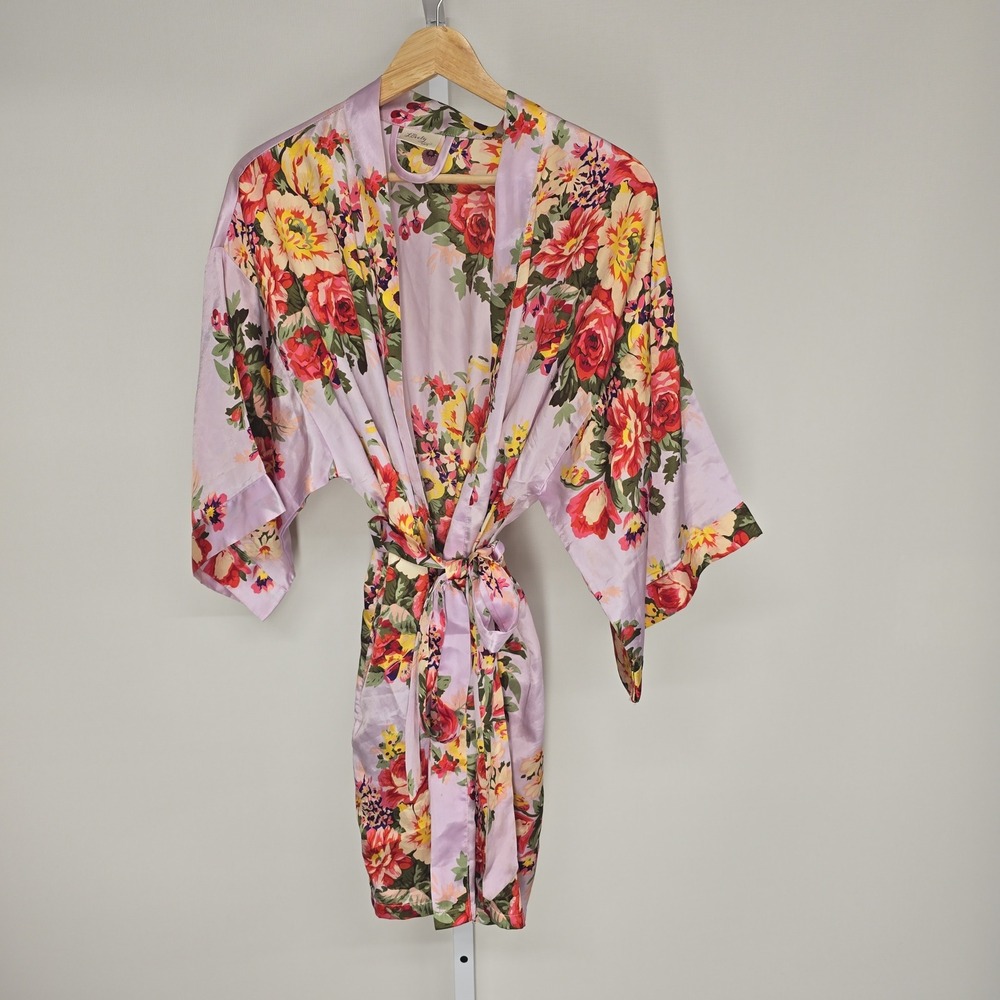 Liberty Floral Satin Robe Purple Pink Rose Print Kimono‎ Short Wrap Pockets L